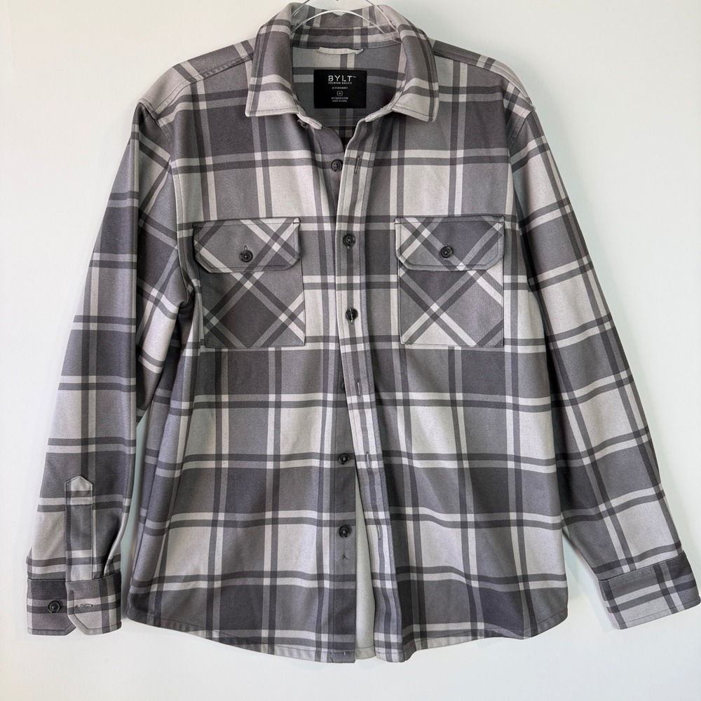 BYLT Overshirt Mens Medium Grey Plaid Long Sleeve Button Down Shacket